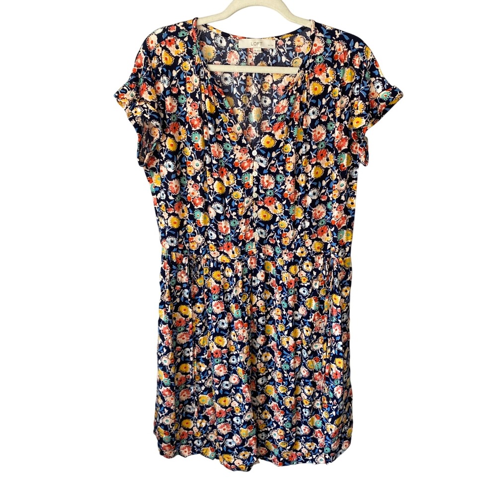 LOFT Petites Floral V-Neck Button Front Short Sleeve Dress Navy Blue SP